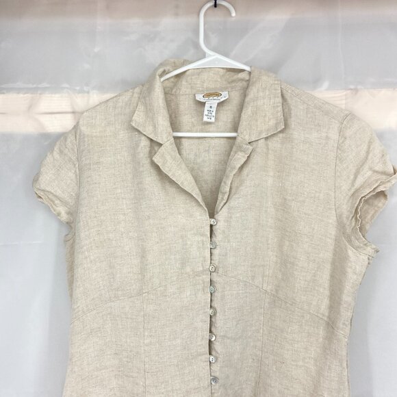 Talbots Women 16P A Line Dress Irish Linen Beige Button Front Short Cap Sleeve - Picture 2 of 7